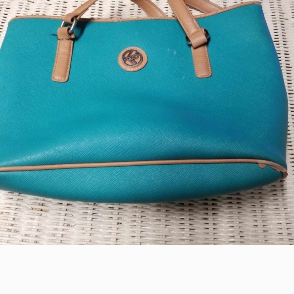 Dooney & Bourke Blue and Tan Tote Bag with Structured Shape and Smooth Texture